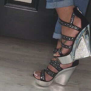 Black Suede Silver Bling Platform Open Toe Wedge Heels Size 7.5